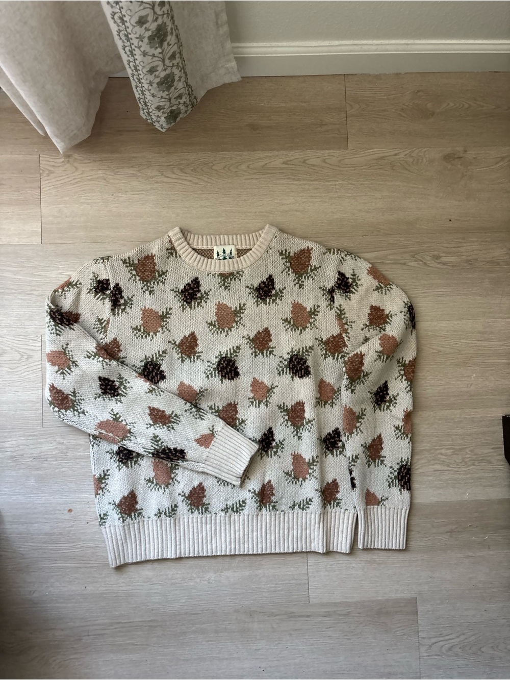 Kiel James Patrick Cream Floral Crewneck Sweater with Brown & Dark Brown Accents